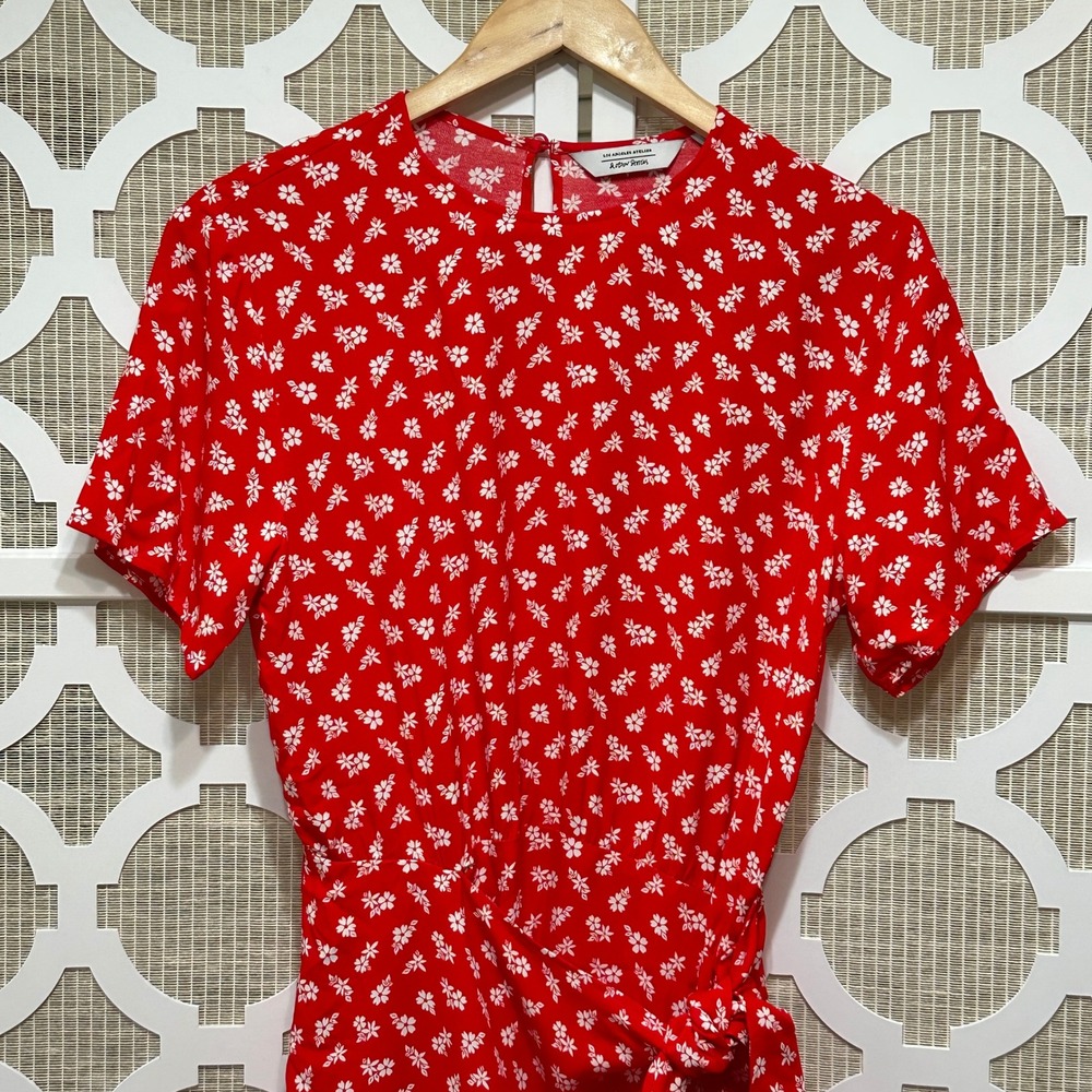 & Other Stories Floral Mini Dress Womens 8 Red Tie Waist Feminine Retro NWT - Picture 9 of 16